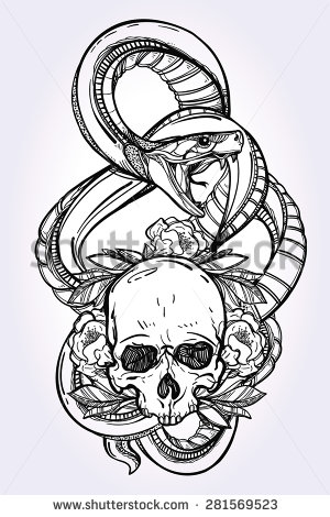 Cool Pirate Symbol With Snake And Flowers Tattoo Design