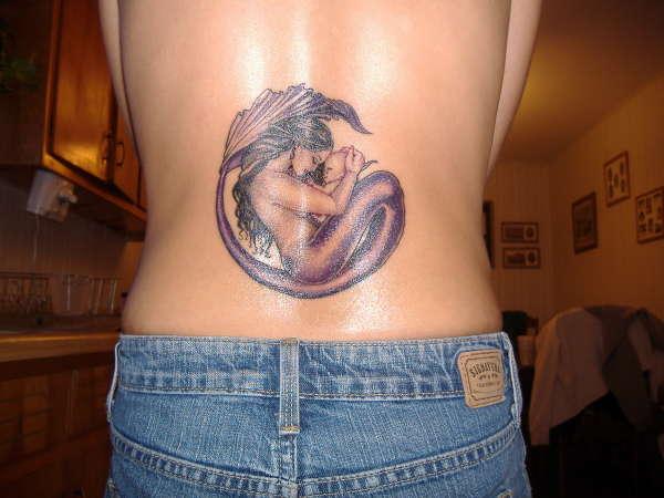Cool Small Mermaid With Baby Tattoo On Lower Back