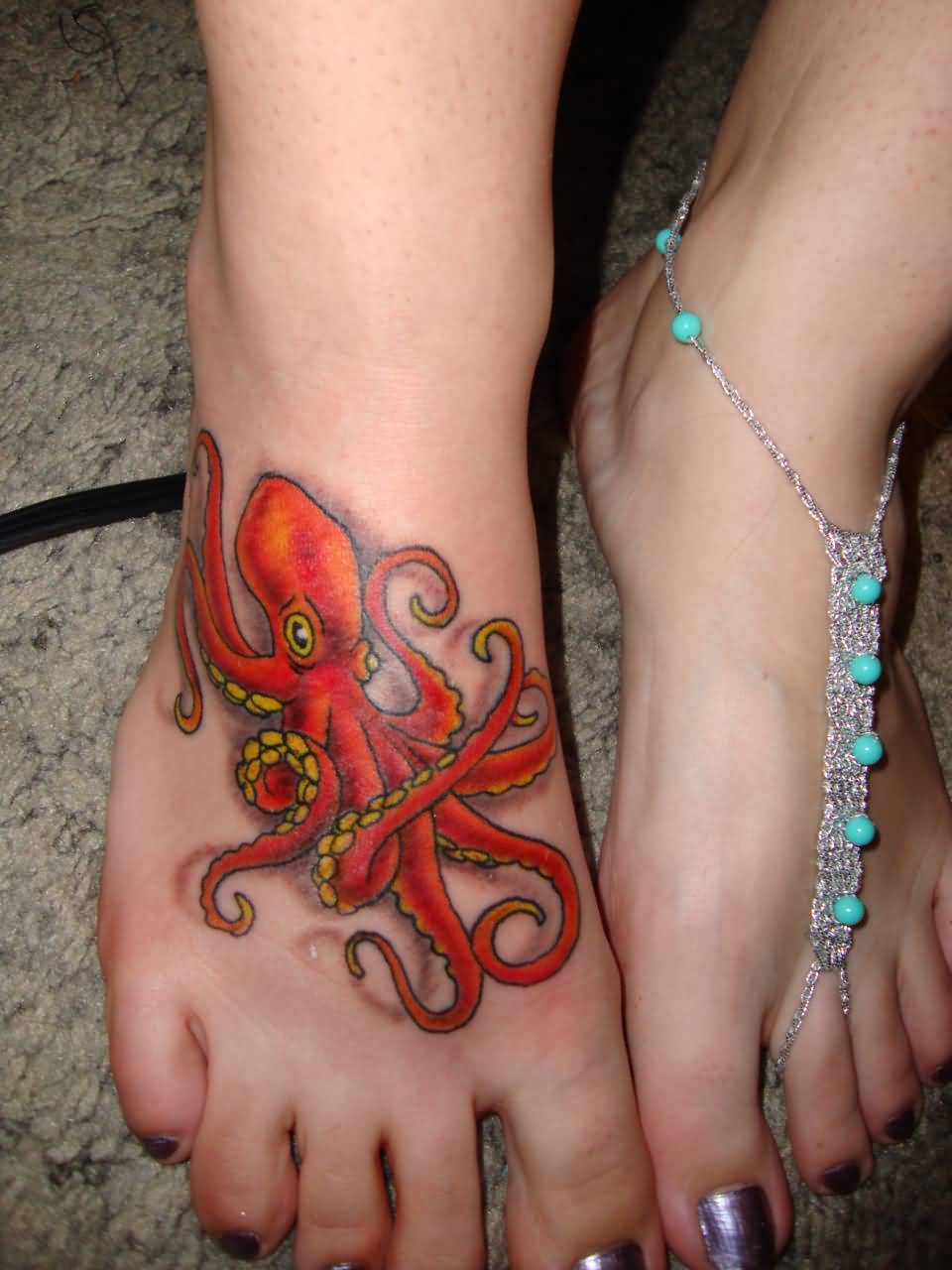 Cool Traditional Octopus Tattoo On Girl Right Foot