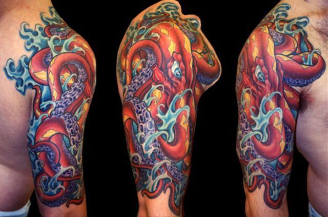 Cool Traditional Octopus Tattoo On Right Half Sleeve