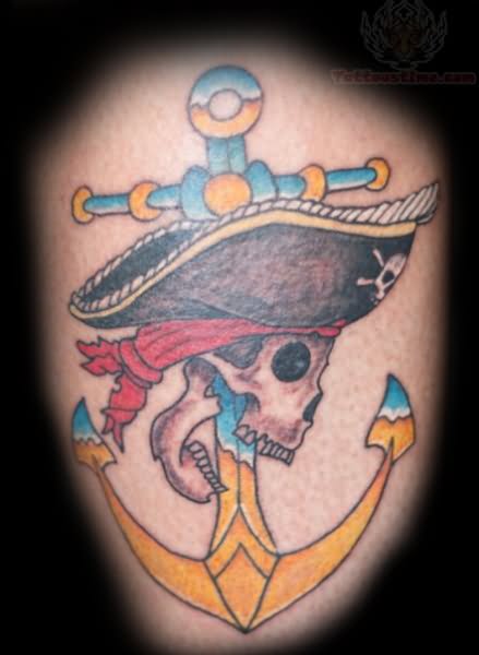 Cool Traditional Pirate Anchor In Skull Tattoo Design For Thigh
