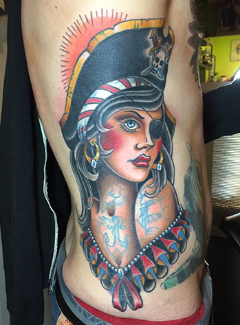 Cool Traditional Pirate Girl Tattoo On Man Right Side Rib
