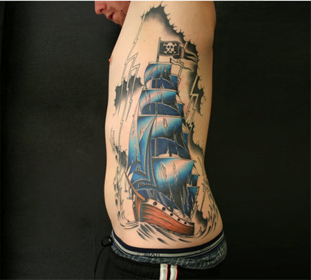 Cool Traditional Pirate Ship Tattoo On Man Left Side Rib