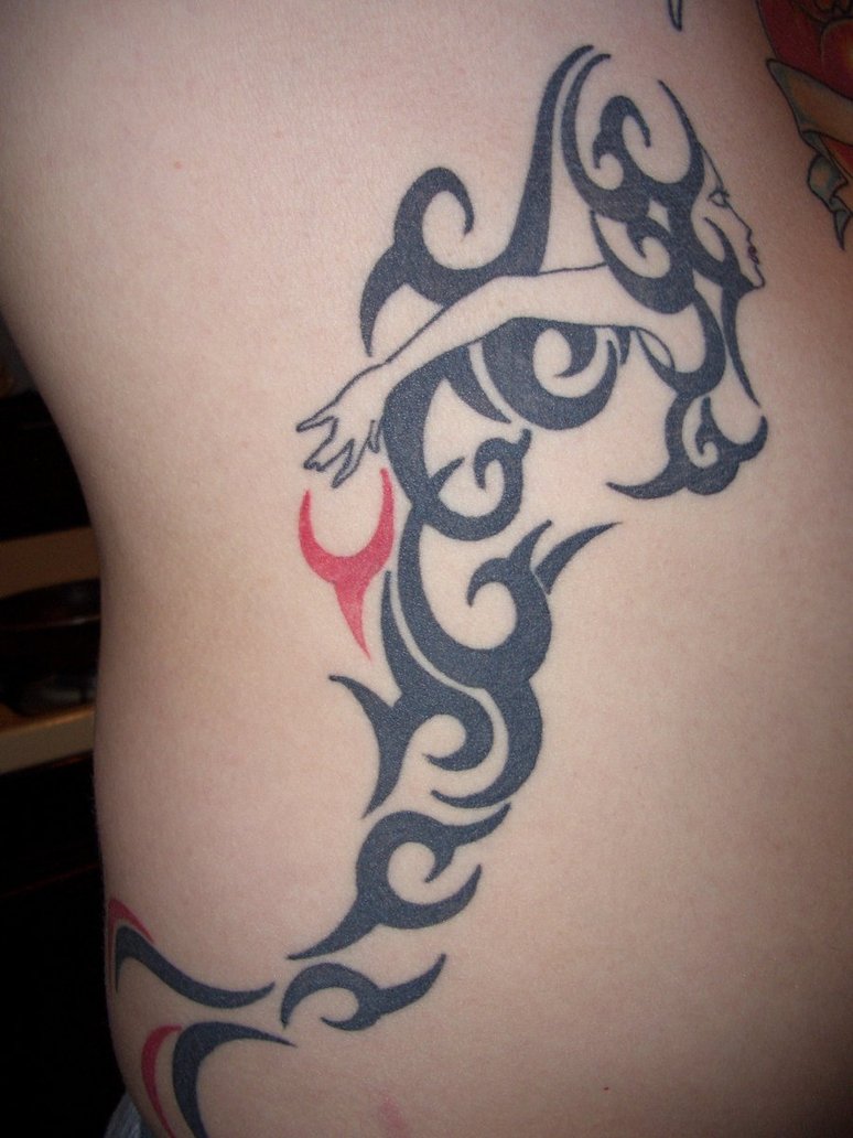 Cool Tribal Mermaid Tattoo On Right Side Rib