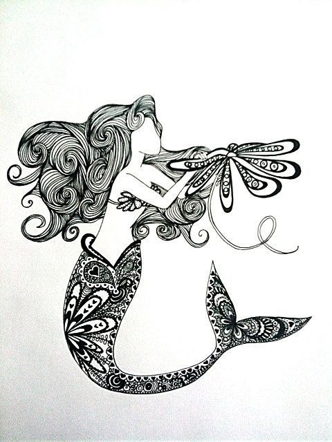 Cool Unique Black Ink Mermaid Tattoo Design