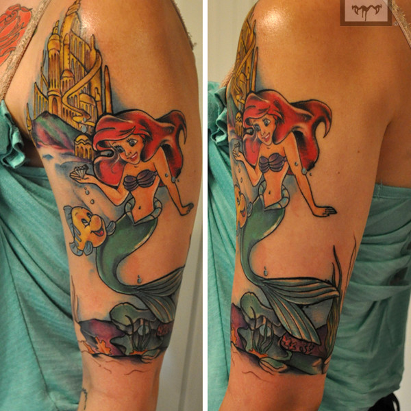 Cute Ariel Mermaid Tattoo On Left Half Sleeve
