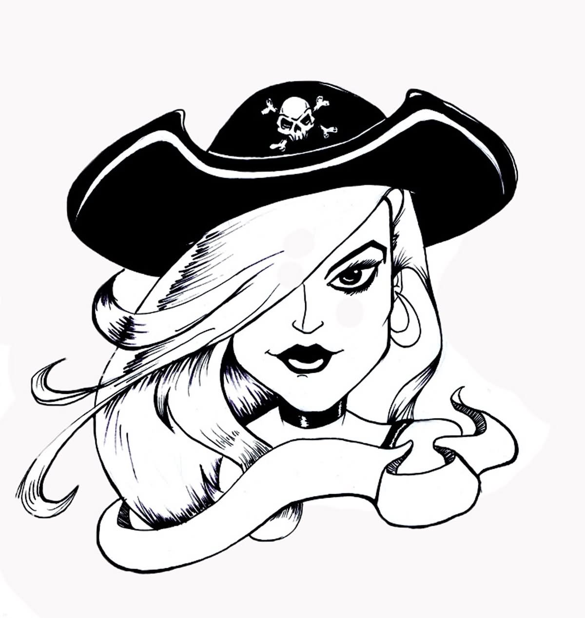 Cute Black Outline Pirate Girl With Ribbon Tattoo Design