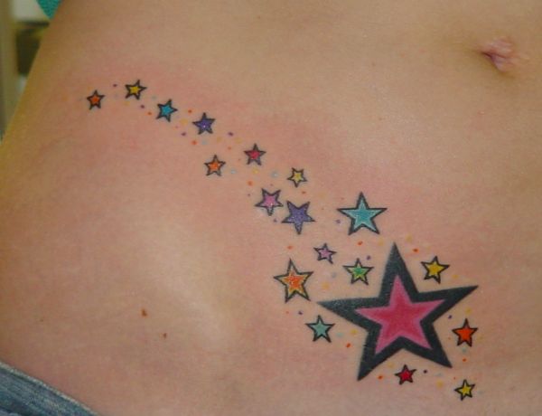 Cute Colored Star Tattoos On Right Hip