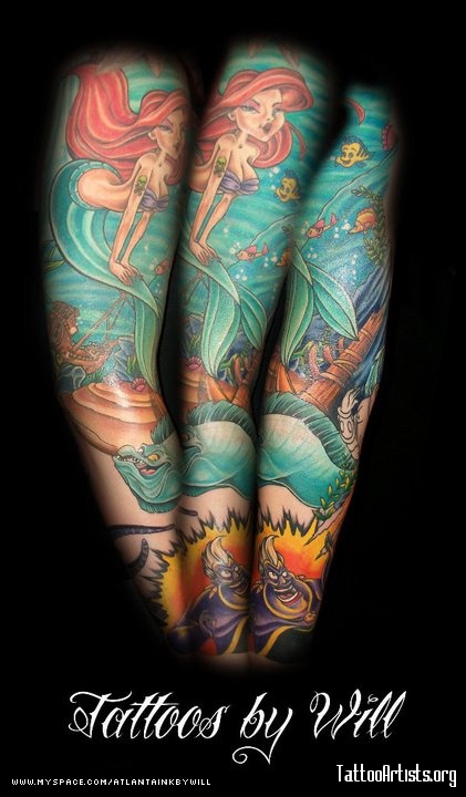 Cute Colorful Ariel Mermaid Tattoo Design For Sleeve