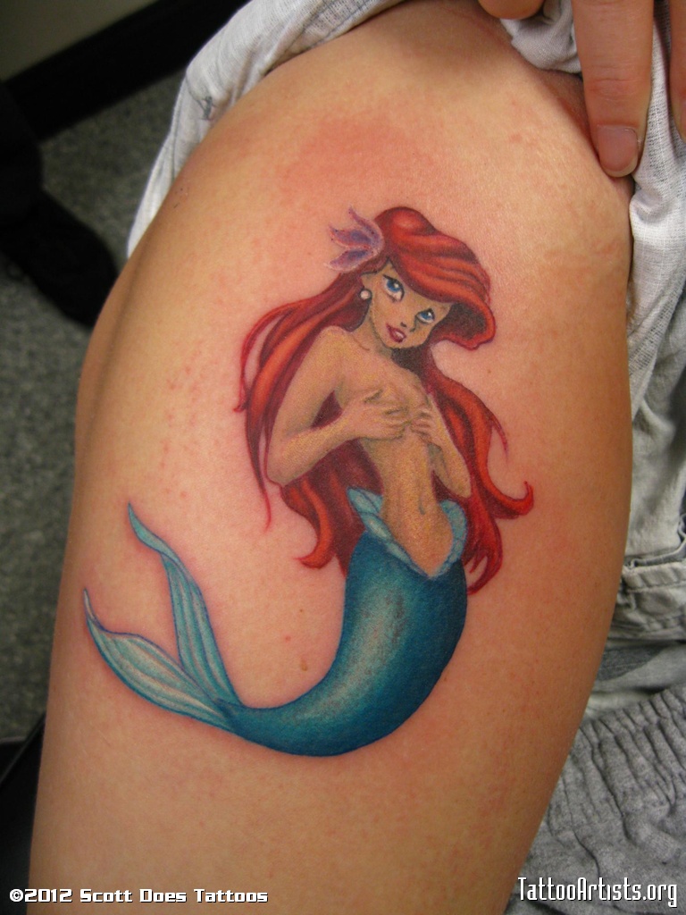 Cute Colorful Little Mermaid Tattoo On Right Shoulder