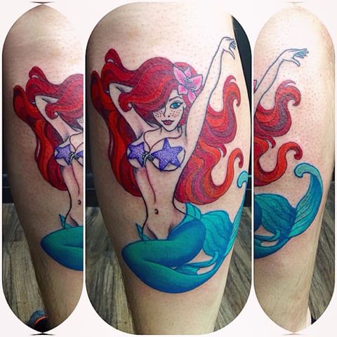 Cute Colorful Pin Up Mermaid Tattoo On Leg