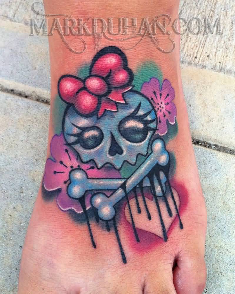 Cute Colorful Pirate Skull With Crossbone And Flower Tattoo On Left Foot