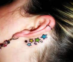 Cute Colorful Star Tattoos Behind Ear