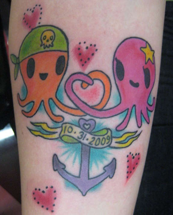 Cute Colorful Two Octopus With Anchor And Banner Tattoo On Leg Calf