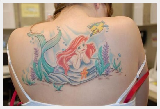 Cute Small Ariel Mermaid Tattoo On Upper Back