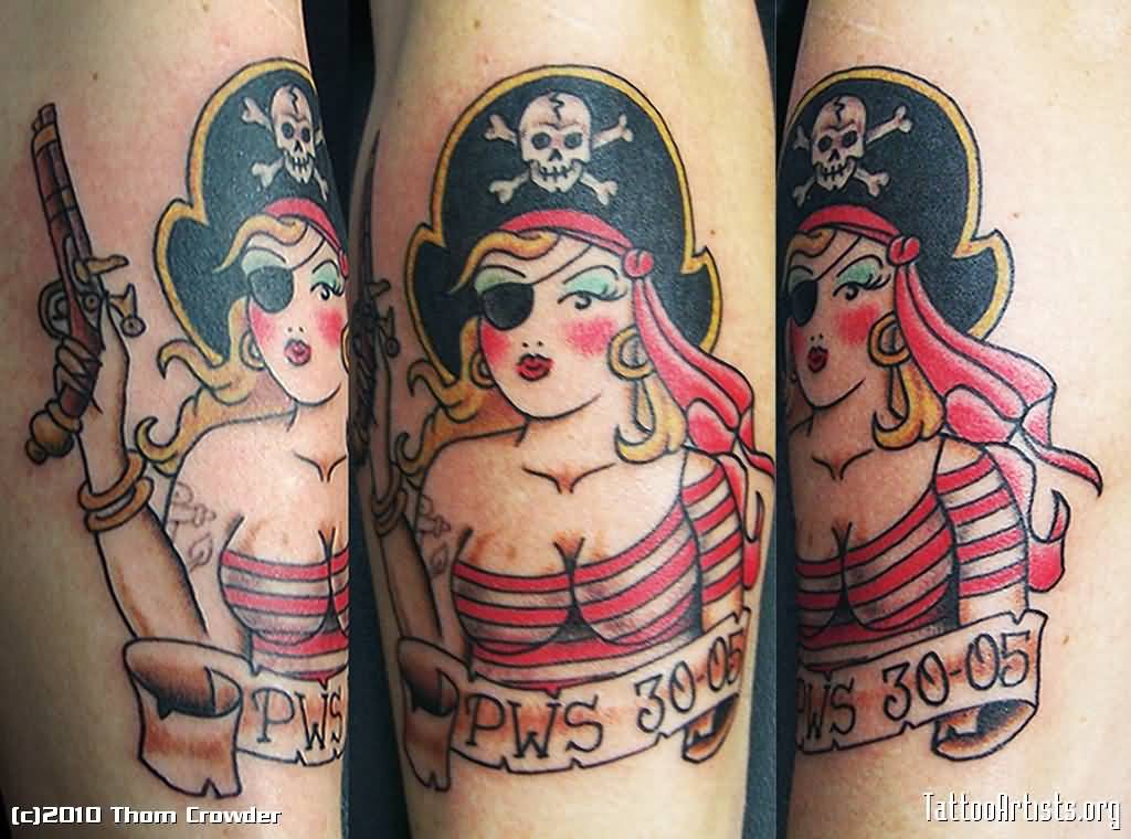 Cute Traditional Pirate Girl With Banner Tattoo Design For Sleeve