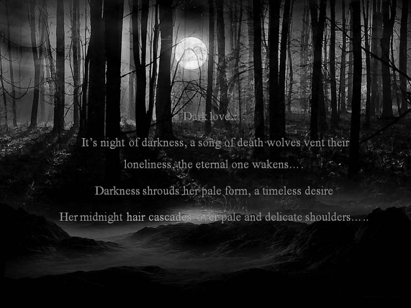 Dark love, It's a night of darkness, a song of death. Wolves vent their loneliness. The eternal one awakens, Darkness shrouds his pale form, a timeless desire....
