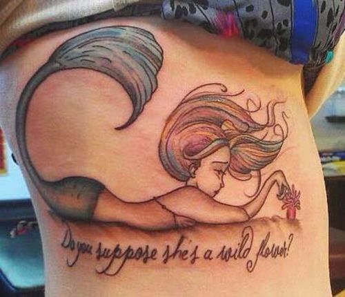 Do You Suppose She's A Wild Flowers - Swimming Mermaid Tattoo On Right Side Rib