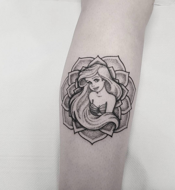 Dotwork Ariel Mermaid With Flower Tattoo Design For Sleeve By Jules Mandala