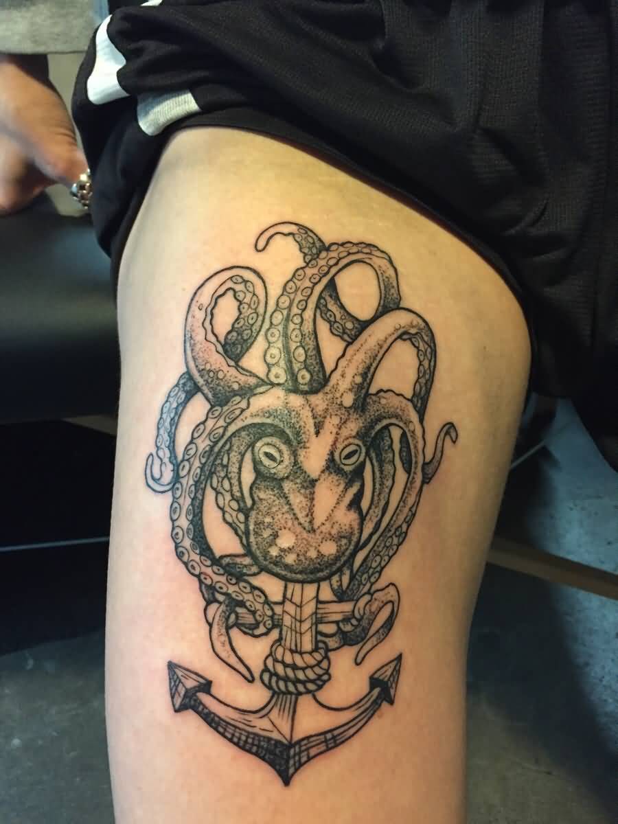 Dotwork Octopus With Anchor Tattoo Design For Thigh By Tim Warner