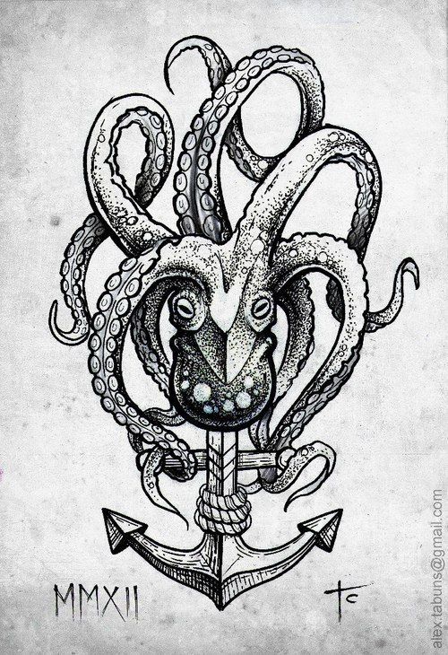 Dotwork Octopus With Anchor Tattoo Design