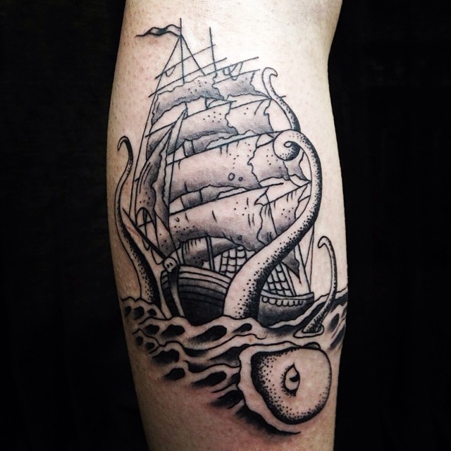 Dotwork Octopus With Ship Tattoo Design For Leg