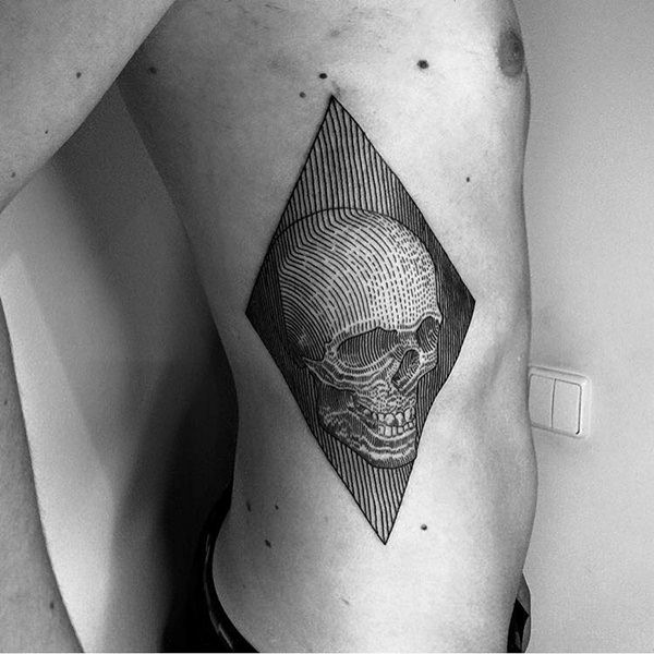 Dotwork Pirate Skull Tattoo On Man Right Side Rib By Silvija Sablinskaite
