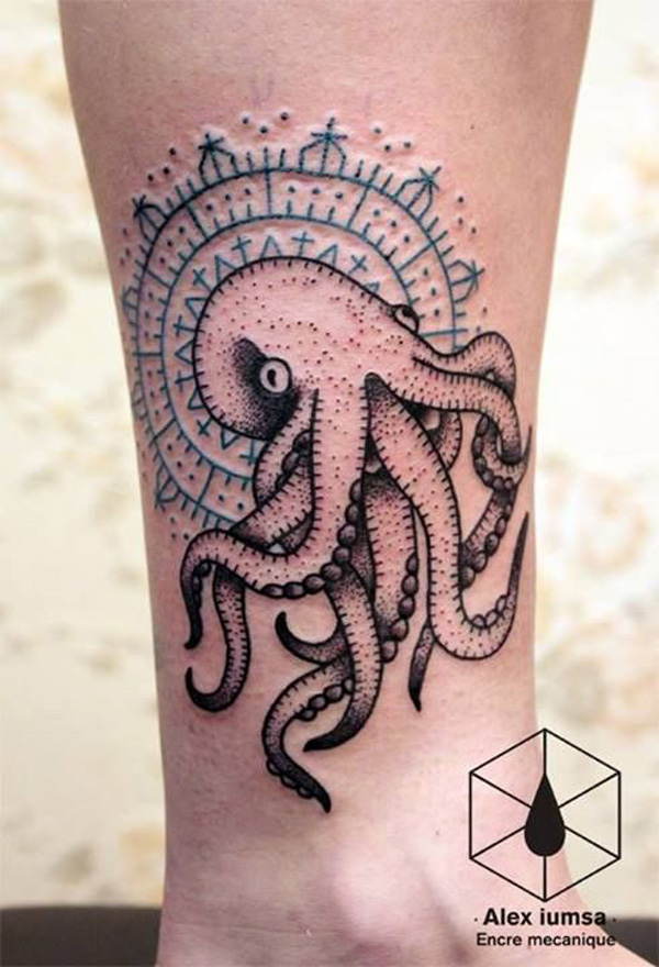 Dotwork Small Octopus Tattoo Design For Leg