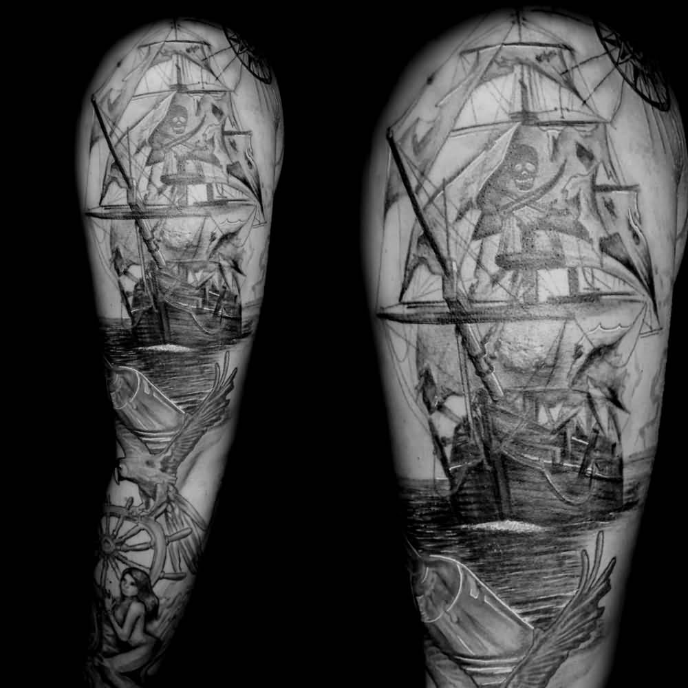 Fantastic Black And Grey Pirate Ship Tattoo On Left Full Sleeve