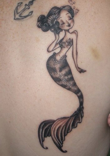 Fantastic Black Ink Cute Mermaid Tattoo Design