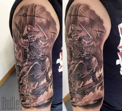 Fantastic Black Ink Pirate Tattoo On Man Right Half Sleeve