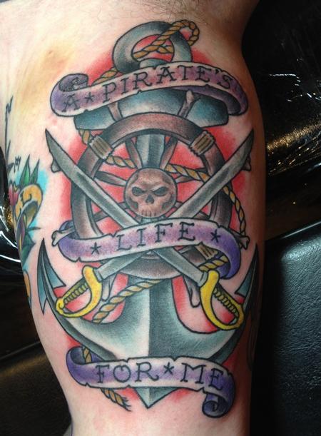 Fantastic Colorful Pirate Anchor With Ship Wheel And Banner Tattoo On Bicep