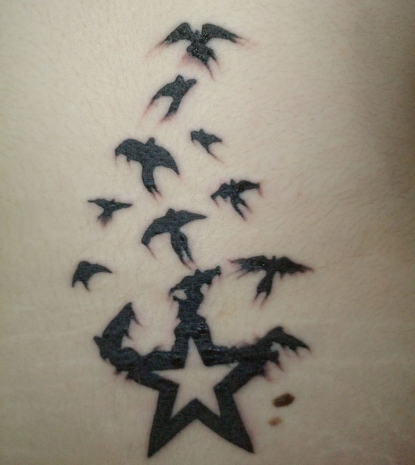 Flying Black Birds And Star Tattoo
