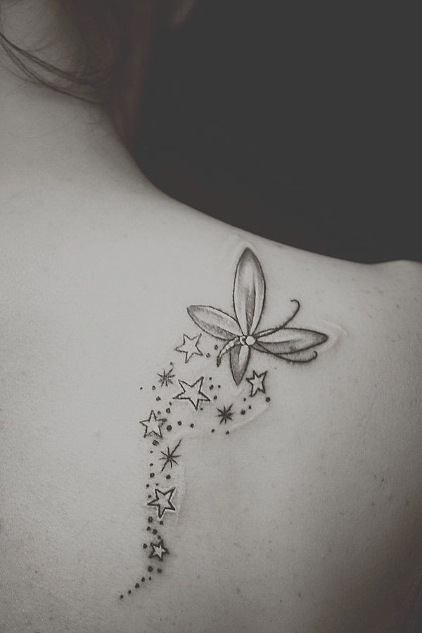 Flying Butterfly And Star Tattoos On Right Back Shoulder