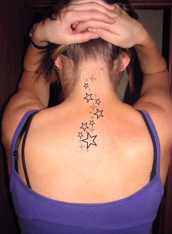 Girl Showing Star Tattoos On Upper Back
