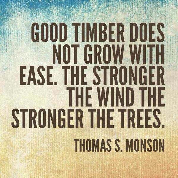Good timber does not grow with ease; the stronger the wind, the stronger the trees. Thomas S. Monson