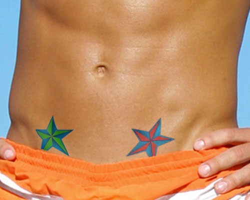 Green And Red Nautical Stars Hip Tattoos