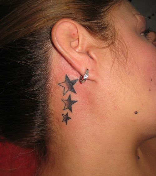 Grey And Black Star Tattoos Behind Ear