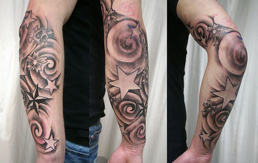 Grey And Black Star Tattoos On Elbow