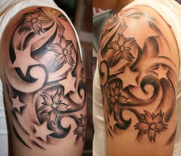 Grey Flowers And Star Tattoos On Half Sleeve For Men