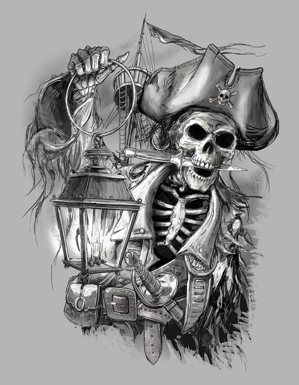 Grey Ink Candle Lamp In Pirate Skeleton Hand Tattoo Design By Obxrussell