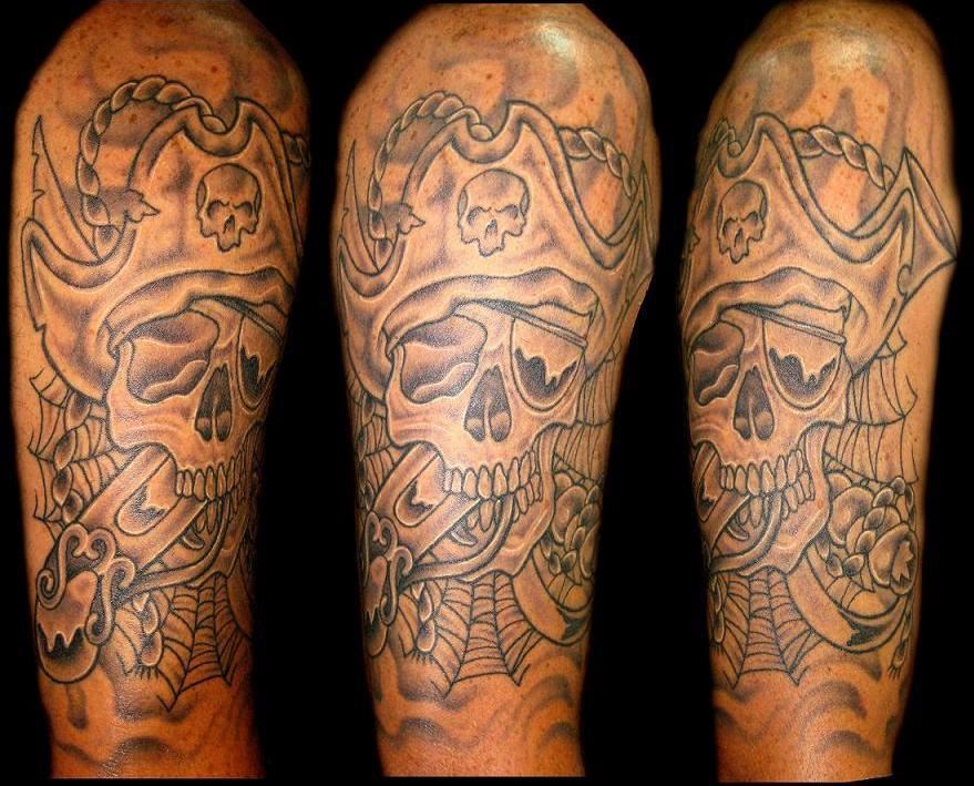 Grey Ink Dagger In Pirate Skull Tattoo On Right Half Sleeve