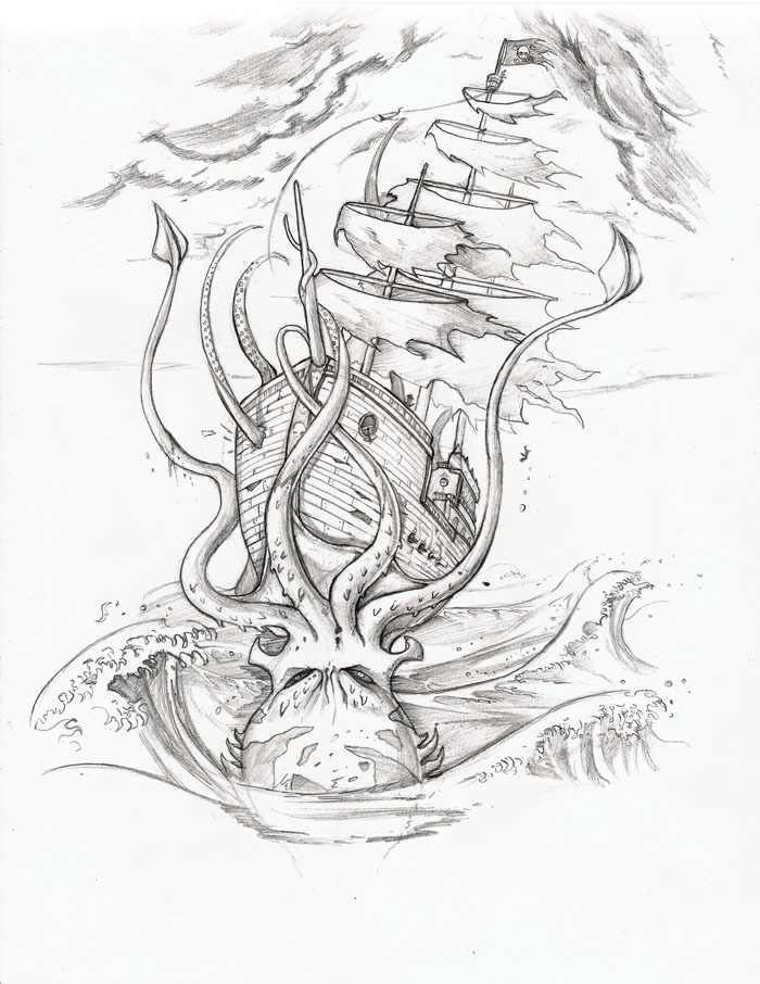 Grey Ink Ghost Pirate Ship With Octopus Tattoo Design