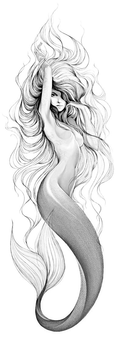 Grey Ink Mermaid Tattoo Design