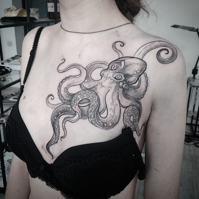 Grey Ink Octopus Tattoo On Women Left Front Shoulder