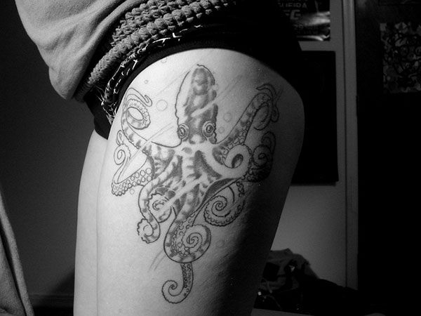 Grey Ink Octopus Tattoo On Women Left Side Thigh