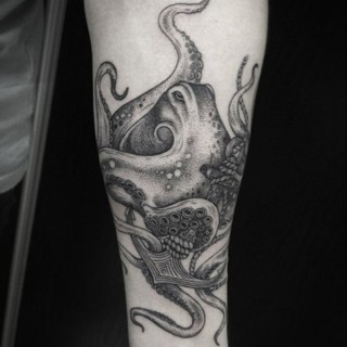 Grey Ink Octopus With Anchor Tattoo Design For Women Sleeve