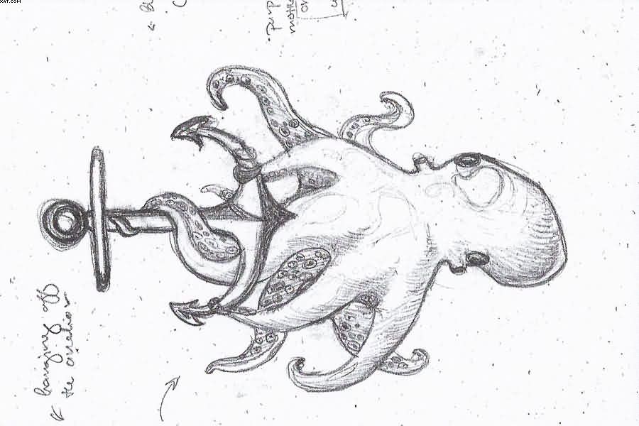 Grey Ink Octopus With Anchor Tattoo Design
