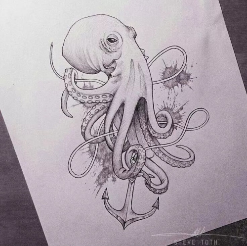 Grey Ink Octopus With Anchor Tattoo Design