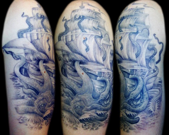 Grey Ink Octopus With Ship Tattoo On Half Sleeve